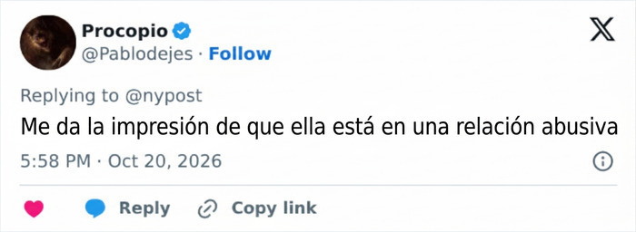 Publicaci&oacute;n en X expresando cr&iacute;ticas sobre la relaci&oacute;n de Kanye West y Bianca Censori.