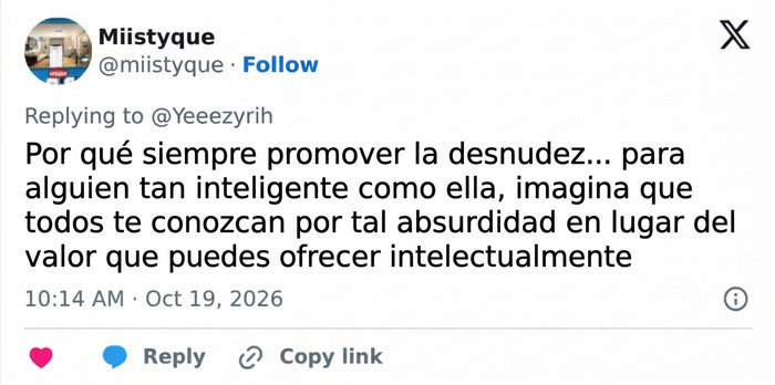 Publicaci&oacute;n sobre la desnudez y el valor intelectual sobre el look de Kanye West y Bianca Censori.