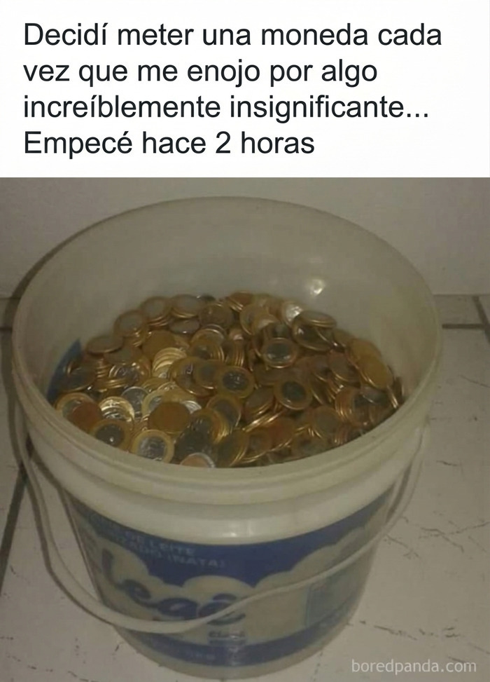 Un recipiente lleno de monedas junto a un texto irónico, representando divertidos memes británicos.