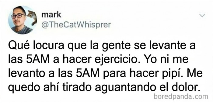 Publicación graciosa en redes sobre despertarse temprano, un ejemplo de divertidos memes británicos.