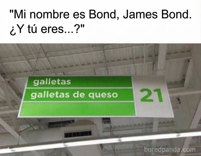 Cartel de supermercado con un juego de palabras al estilo James Bond en memes británicos.
