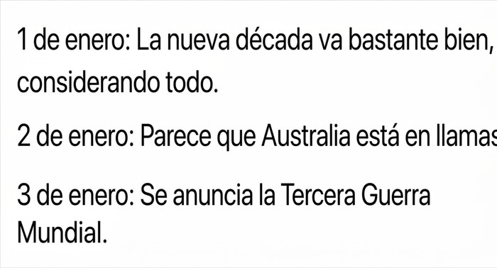 Texto irónico sobre noticias de los primeros días de enero representando memes británicos