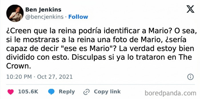 Publicación graciosa en X preguntándose si la reina conoce a Mario Bros, un clásico ejemplo de memes británicos.