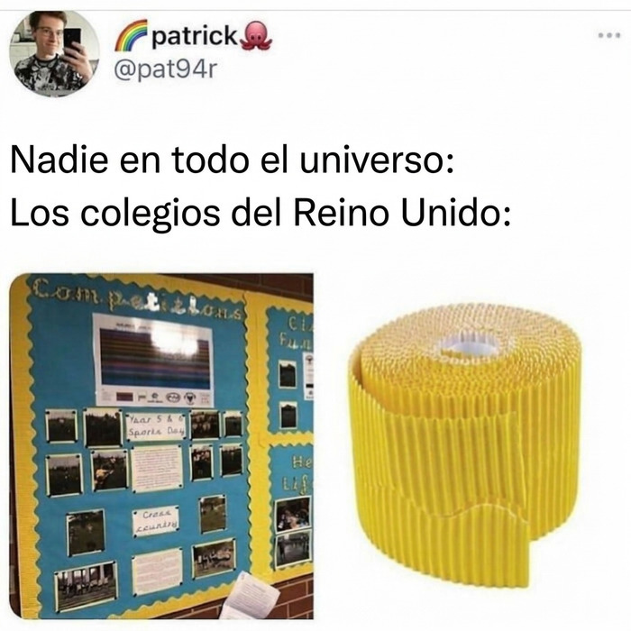 Meme británico sobre el uso de bordes ondulados en carteleras de escuelas.