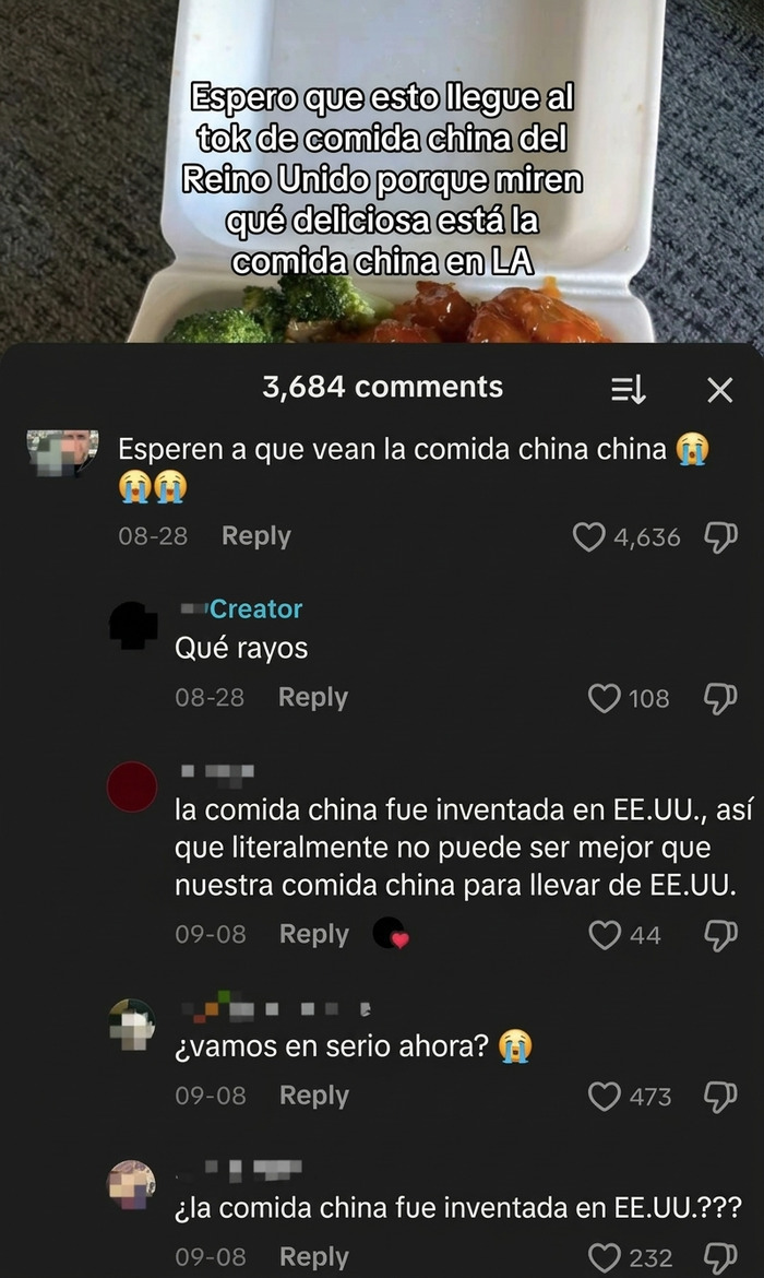 Captura de comentarios sobre personas demostrando su ignorancia en TikTok al afirmar que la comida china es de EE.UU.