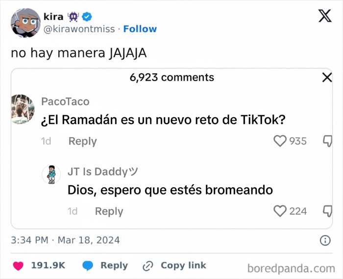 Captura de pantalla de un comentario sobre ignorancia en TikTok confundiendo el Ramadán con un reto viral.