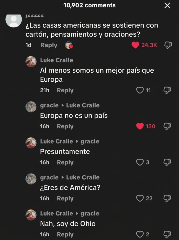 Hilo de comentarios geográficos absurdos demostrando ignorancia en TikTok.