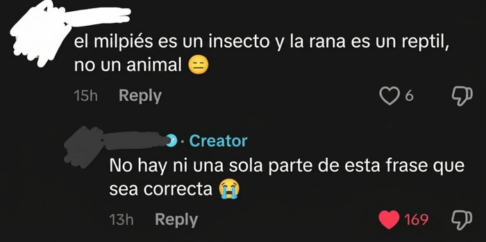 Comentario ilógico sobre animales mostrando ignorancia en TikTok sobre biología básica.