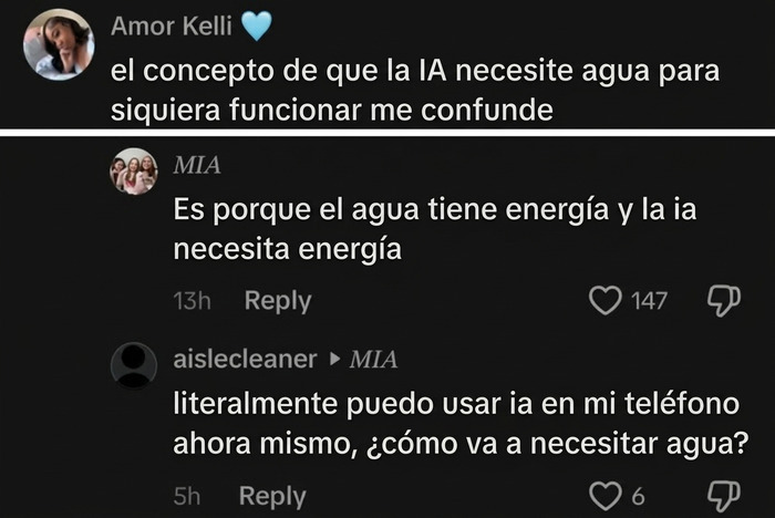 Personas demostrando ignorancia en TikTok sobre cómo funciona el consumo de agua e IA.