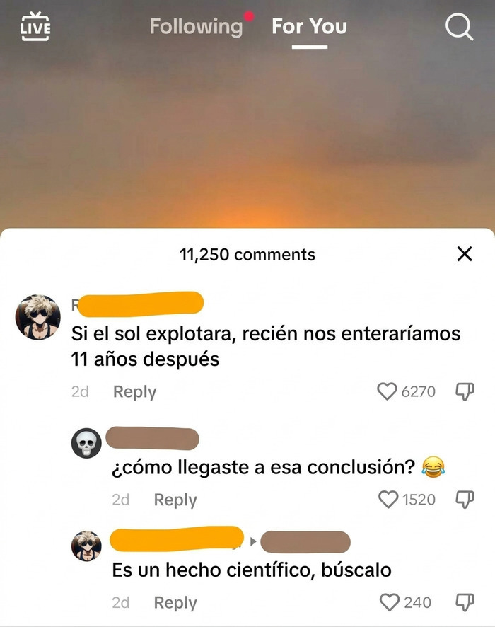 Usuario afirmando un dato falso sobre el sol, demostrando su ignorancia en TikTok.