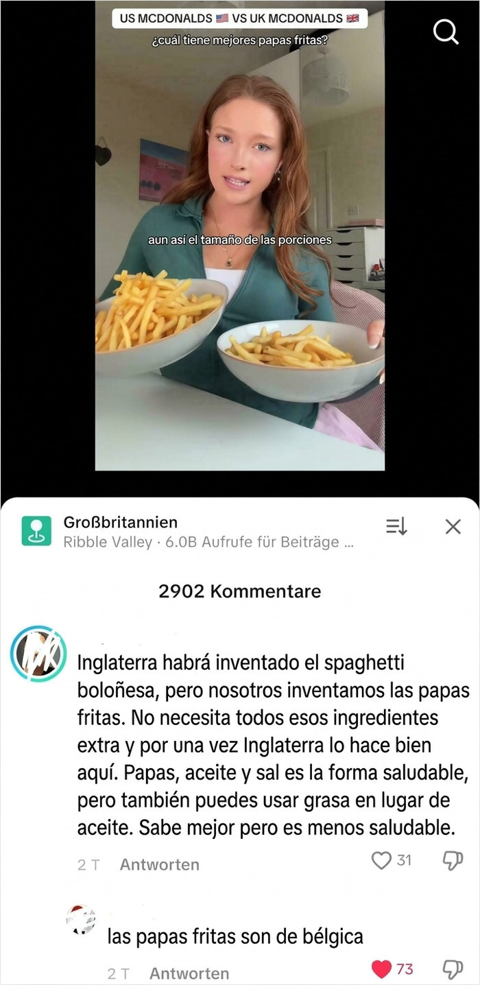Comentario absurdo sobre el origen de las papas fritas mostrando ignorancia en TikTok.