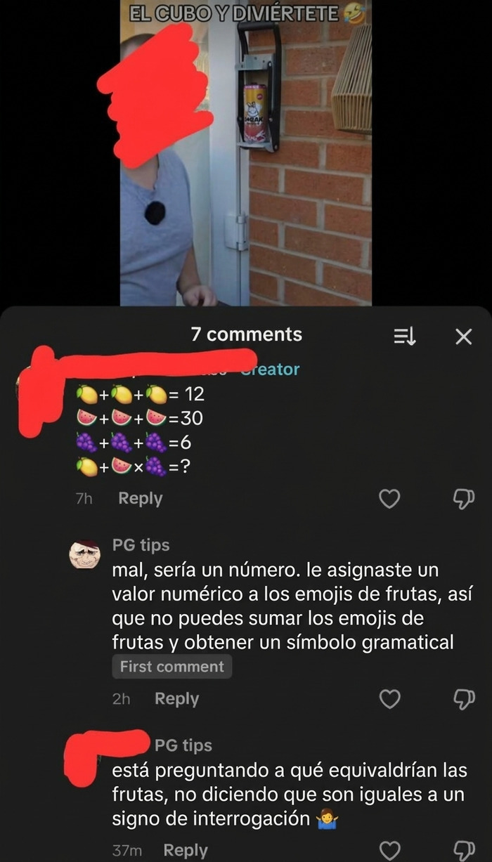Captura de comentarios en TikTok demostrando su ignorancia con un problema matemático absurdo.