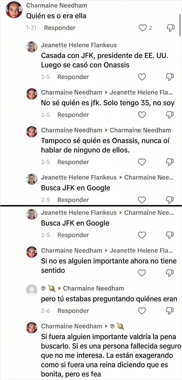 Captura de comentarios sobre historia demostrando ignorancia en TikTok.