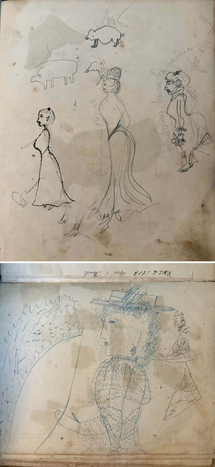 Bocetos a lápiz históricos guardados como objetos efímeros en un cuaderno de notas
