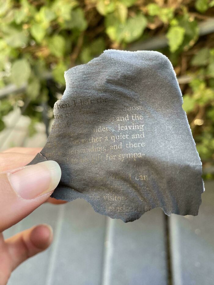 Fragmento de papel impreso parcialmente quemado, muestra de objetos efímeros conservados.
