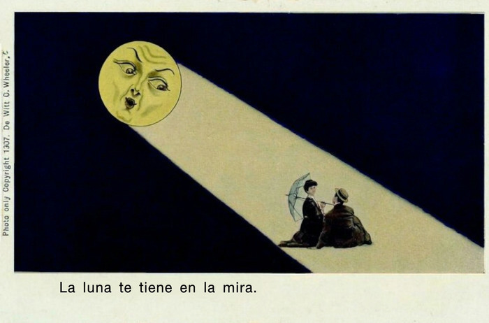 Postal ilustrada vintage que muestra la luna iluminando a una pareja, un curioso objeto efímero.