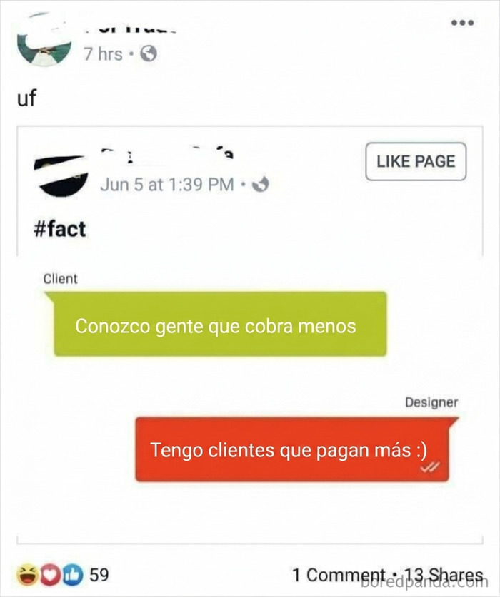 Mensajes entre cliente y diseñador mostrando la respuesta a un grupo de pedigüeños exasperantes