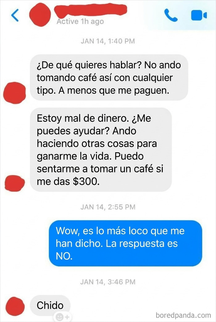 Mensajes de texto que muestran la actitud de pedigüeños exasperantes pidiendo dinero.