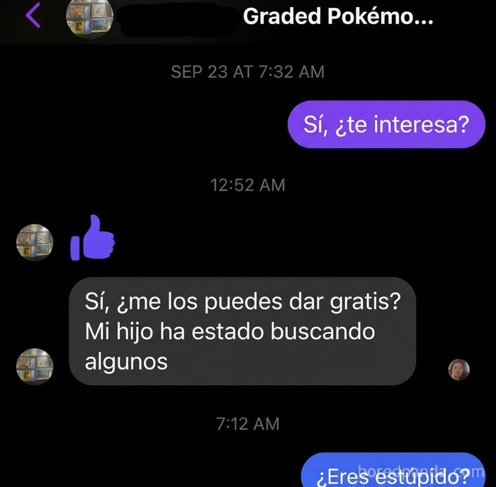 Captura de chat con pedigüeños exasperantes pidiendo cosas gratis para su hijo.