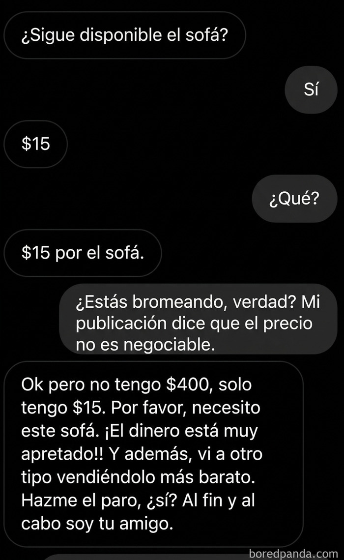 Chat de venta en línea mostrando ofertas absurdas de pedagüeños exasperantes por un sofá.