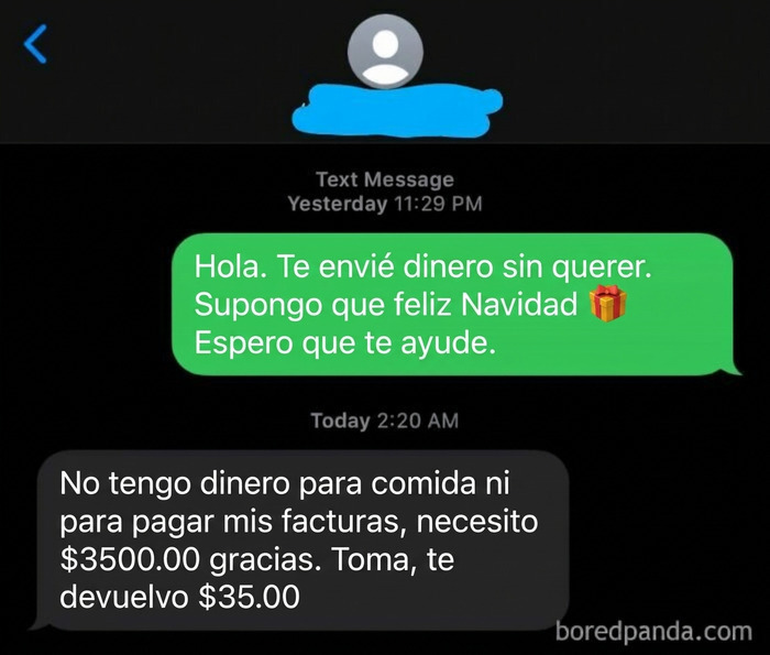 Conversación de chat que muestra el comportamiento de pedagüeños exasperantes solicitando dinero.