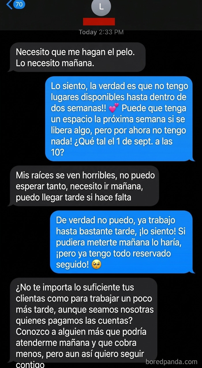 Captura de pantalla de un mensaje de texto de pedagüeños exasperantes exigiendo una cita con una peluquera.