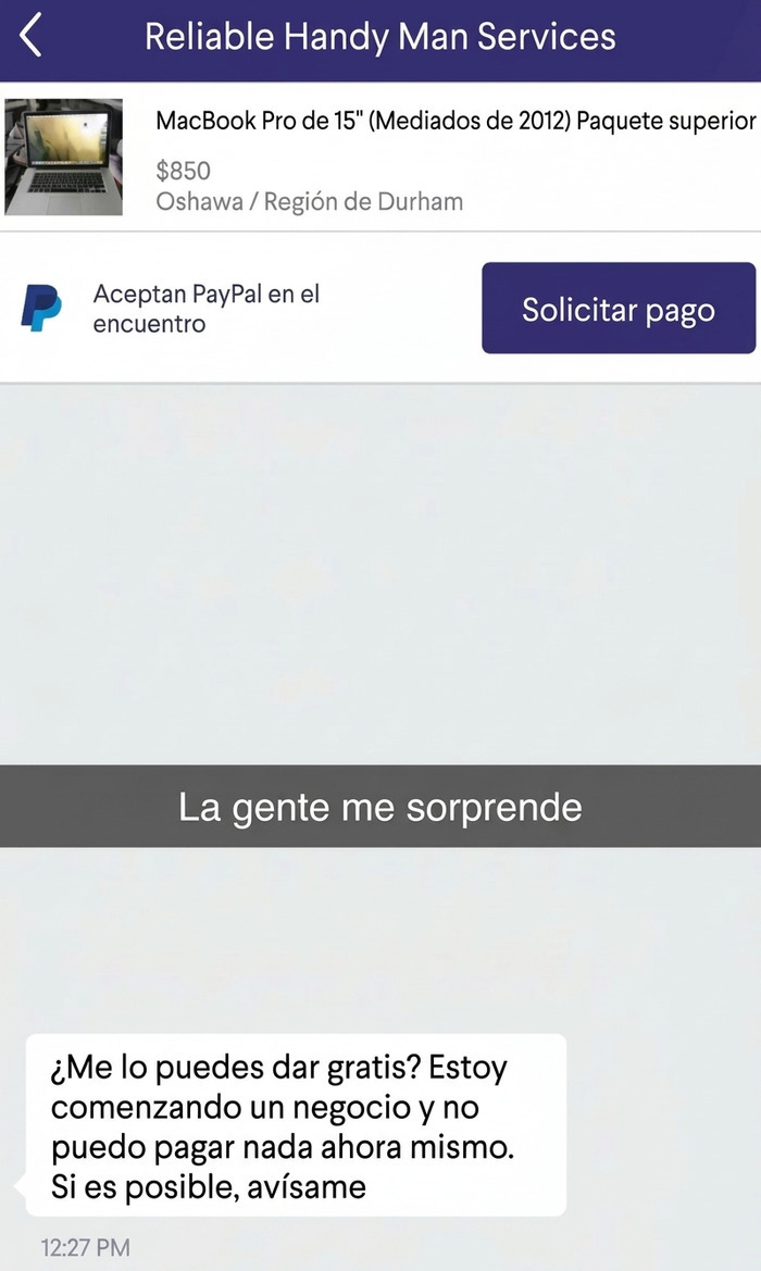 Mensaje donde un pedagüeño exasperante pide una computadora gratis para su negocio.