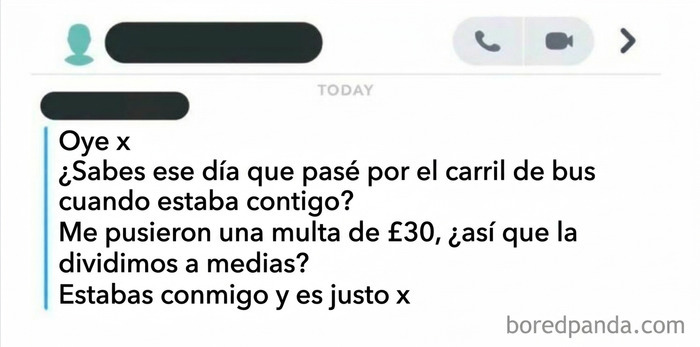 Mensaje de texto donde pedigüeños exasperantes piden pagar la mitad de una multa de tráfico a un acompañante.