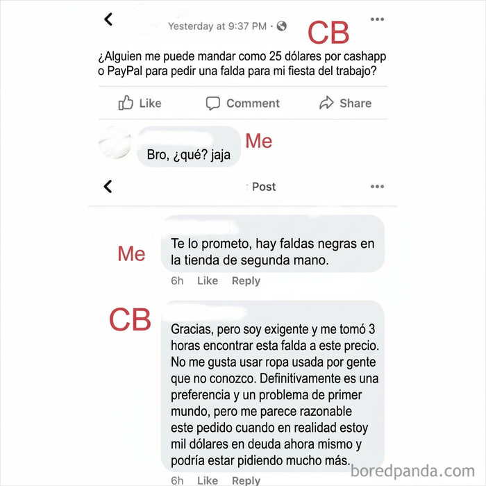 Captura de pantalla de pedigüeños exasperantes pidiendo dinero para comprar una falda nueva en redes sociales.