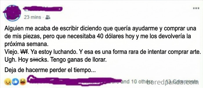 Publicación de un artista molesto con pedigüeños exasperantes que le piden dinero para comprar su propio arte.