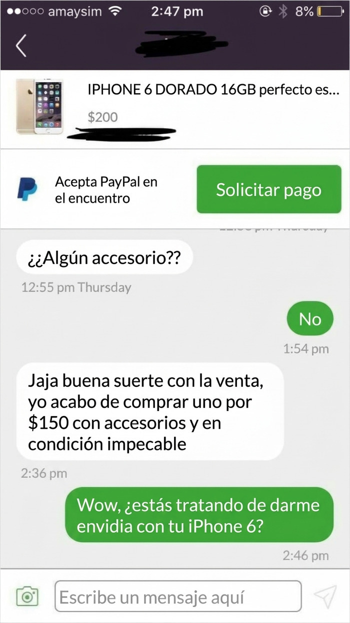 Captura de mensaje en app de ventas donde pedigüeños exasperantes intentan presionar al vendedor