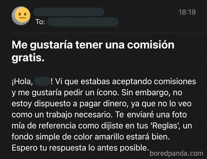 Captura de pantalla de un pedigüeño exasperante exigiendo trabajo de arte gratis por mensaje