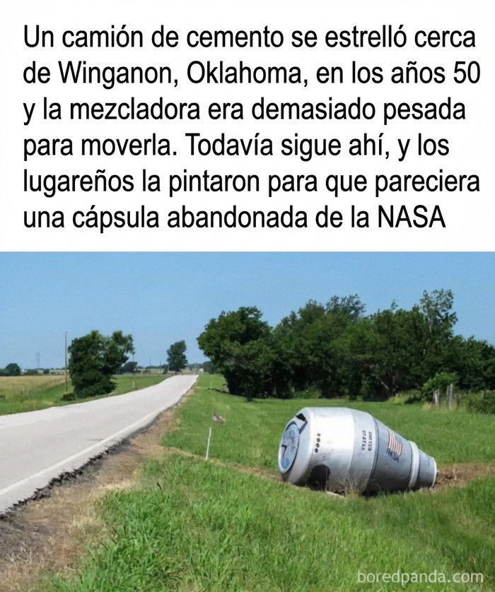 Mezcladora de cemento abandonada decorada como cápsula espacial, memes sobre construcción