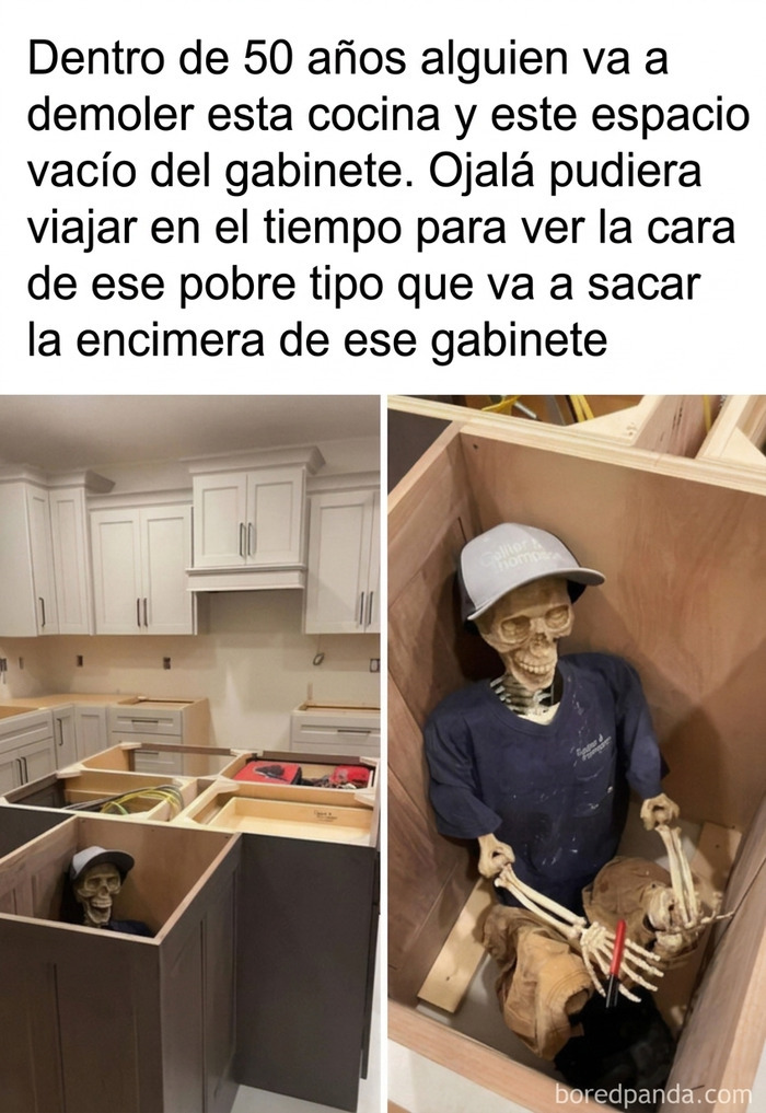 Esqueleto dentro de un gabinete de cocina en referencia a memes sobre construcción.