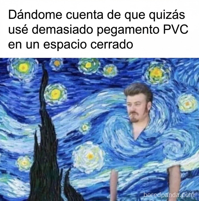 Meme sobre construcción que muestra una pintura psicodélica representando los efectos del pegamento.