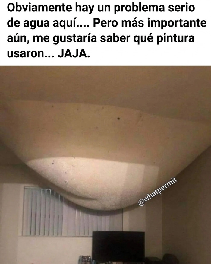 Meme sobre construcción con una gran burbuja de agua retenida por la pintura del techo.