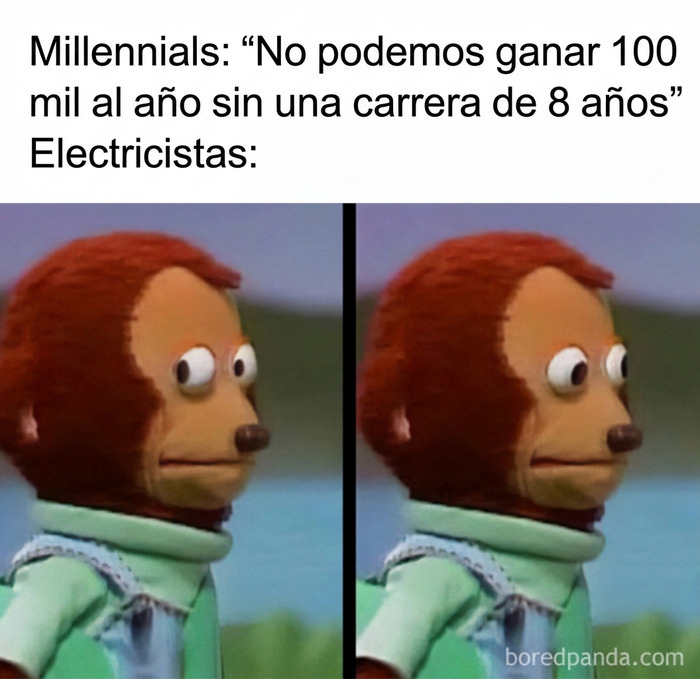 Meme sobre construcción con la plantilla del mono mirando hacia un lado sobre electricistas.