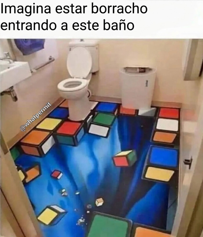 Meme sobre construcción con un baño cuyo piso tiene una ilusión óptica 3D