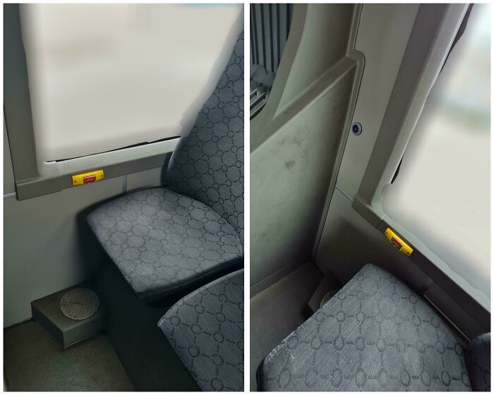 Asiento de tren mal colocado que bloquea la pared, un claro fallo de diseño en el transporte.