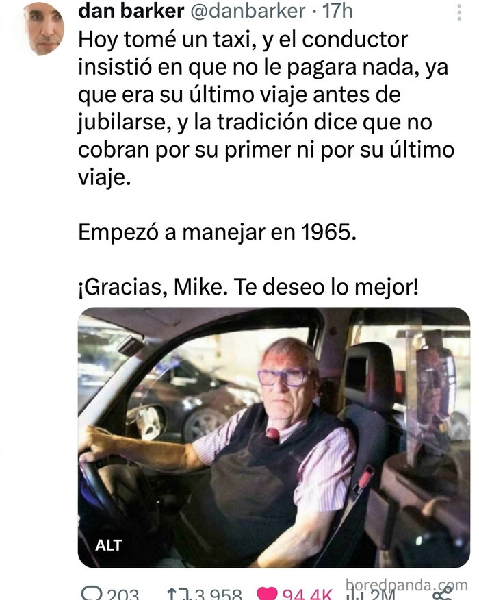 Publicaciones reconfortantes: tweet emotivo sobre un taxista en su último día de trabajo.