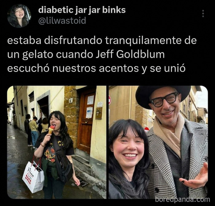 Publicaciones reconfortantes: Una joven tomando helado y posando feliz junto al actor Jeff Goldblum.