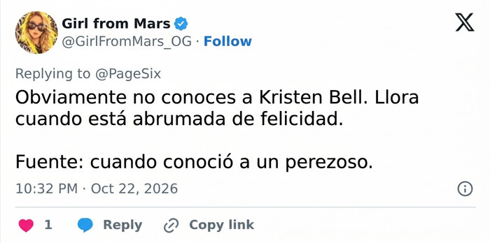 Comentario en redes sobre cómo la actriz Kristen Bell lidia con sus emociones y llanto Comentario en redes sobre cómo la actriz Kristen Bell lidia con sus emociones y llanto