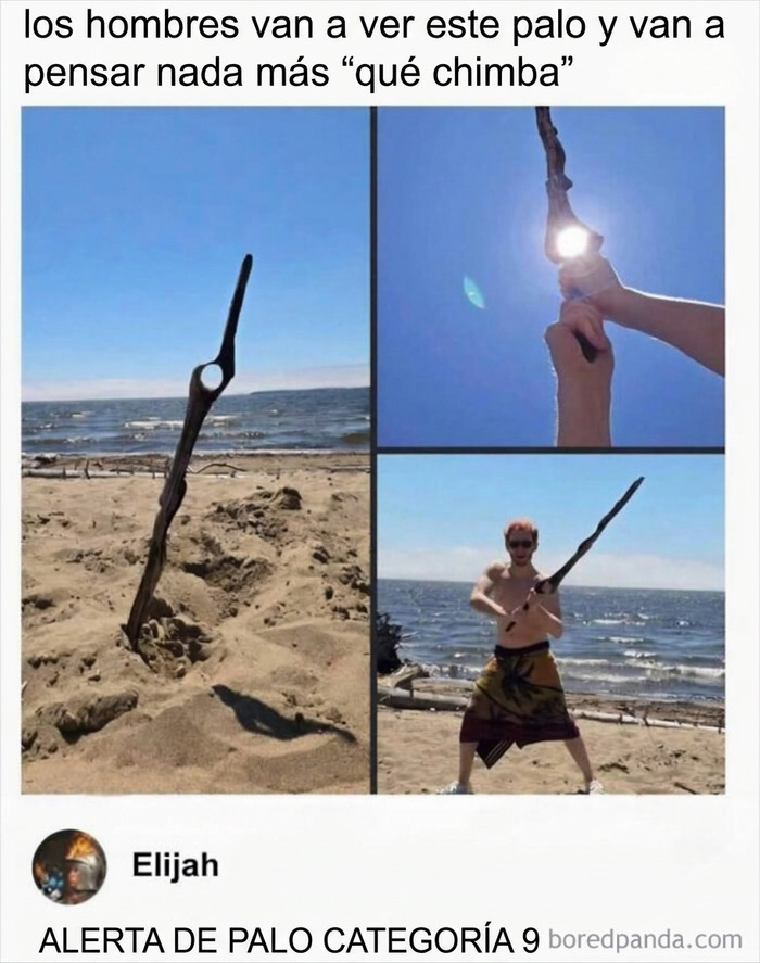 Hombre sosteniendo un palo con forma de espada en un meme para reír.