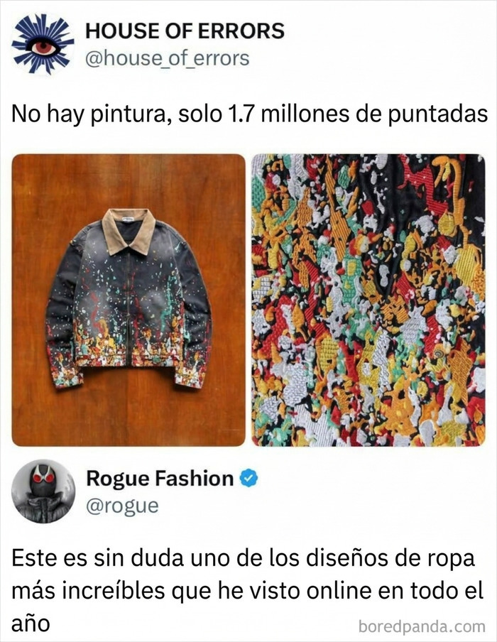 Chaqueta bordada con miles de puntadas en un meme curioso para reír un rato.