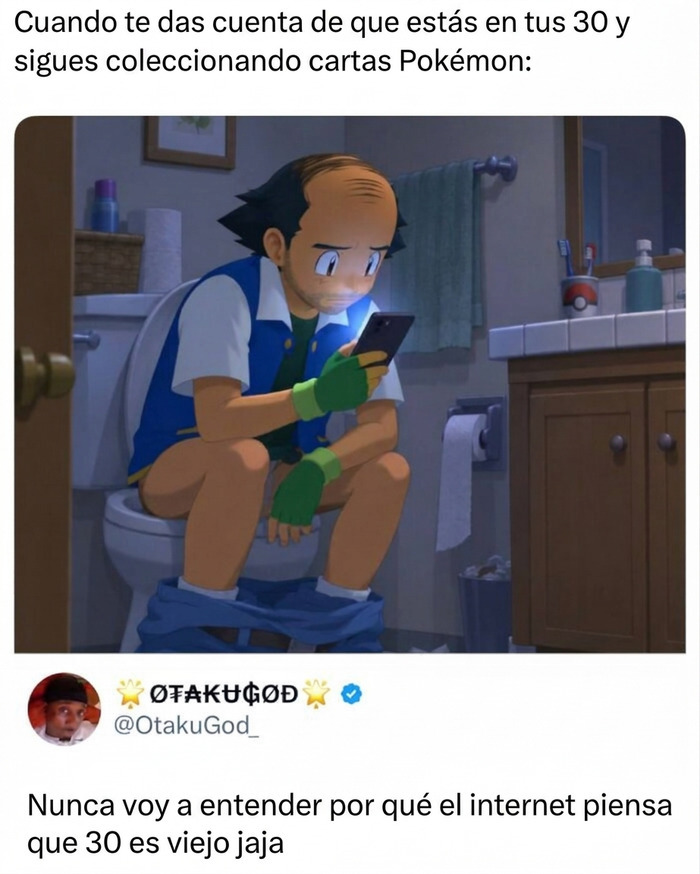 Ilustración de Ash Ketchum maduro en el baño leyendo su celular, perfecta para memes divertidos