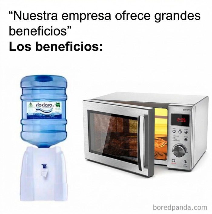 Un dispensador de agua y un microondas representing beneficios laborales en memes para reír un rato