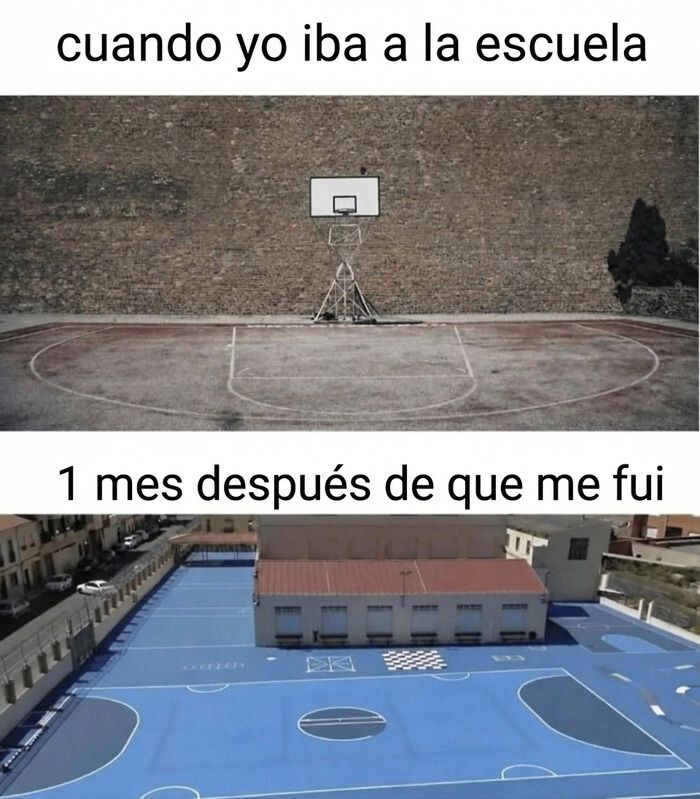 Comparación de canchas escolares en memes para olvidar la rutina.