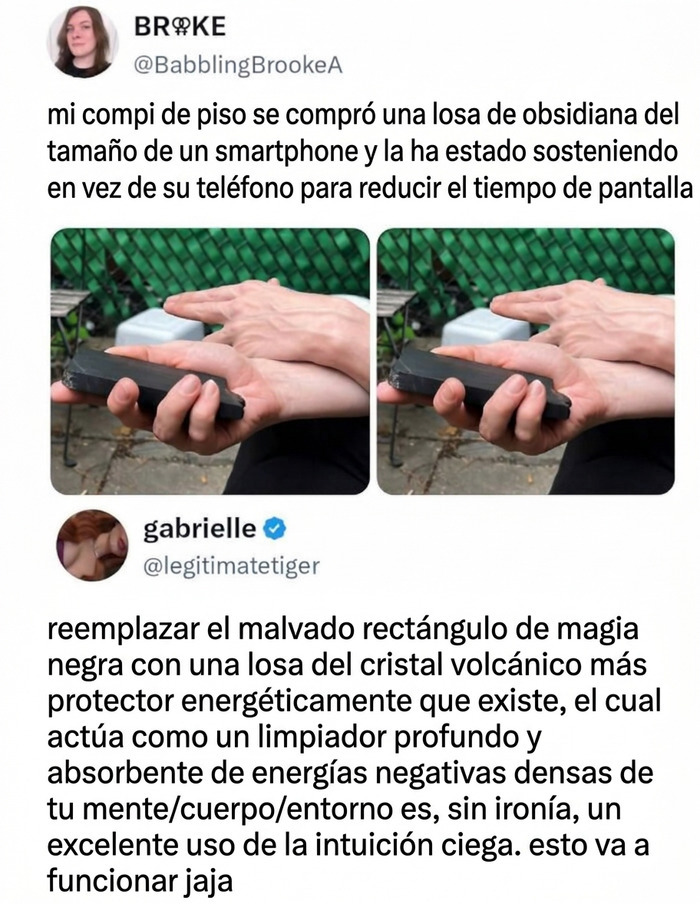 Publicación graciosa con memes de alguien sosteniendo una losa de obsidiana en lugar de un teléfono.