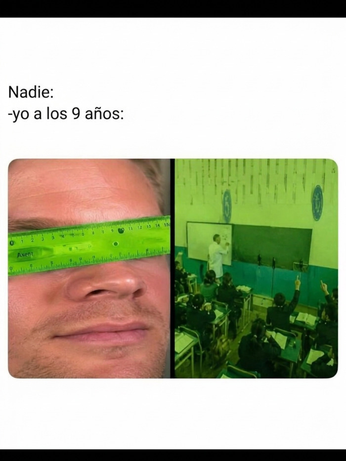 Memes sin contexto sobre mirar a través de una regla verde durante la clase en la escuela.