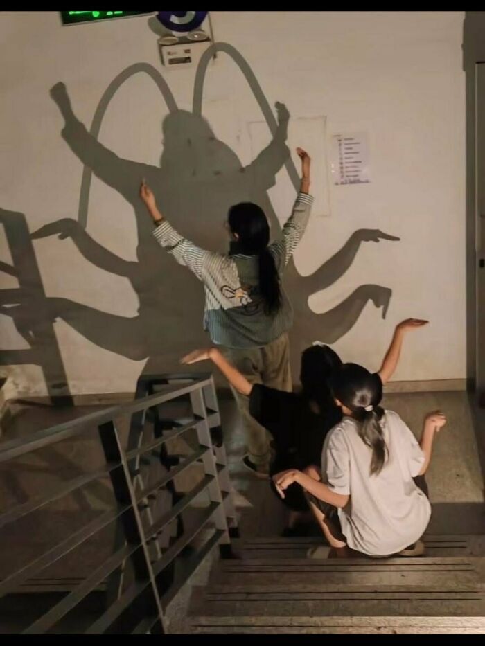 Tres personas proyectando una sombra gigantesca con forma de insecto en la pared, entre imágenes y memes sin contexto.